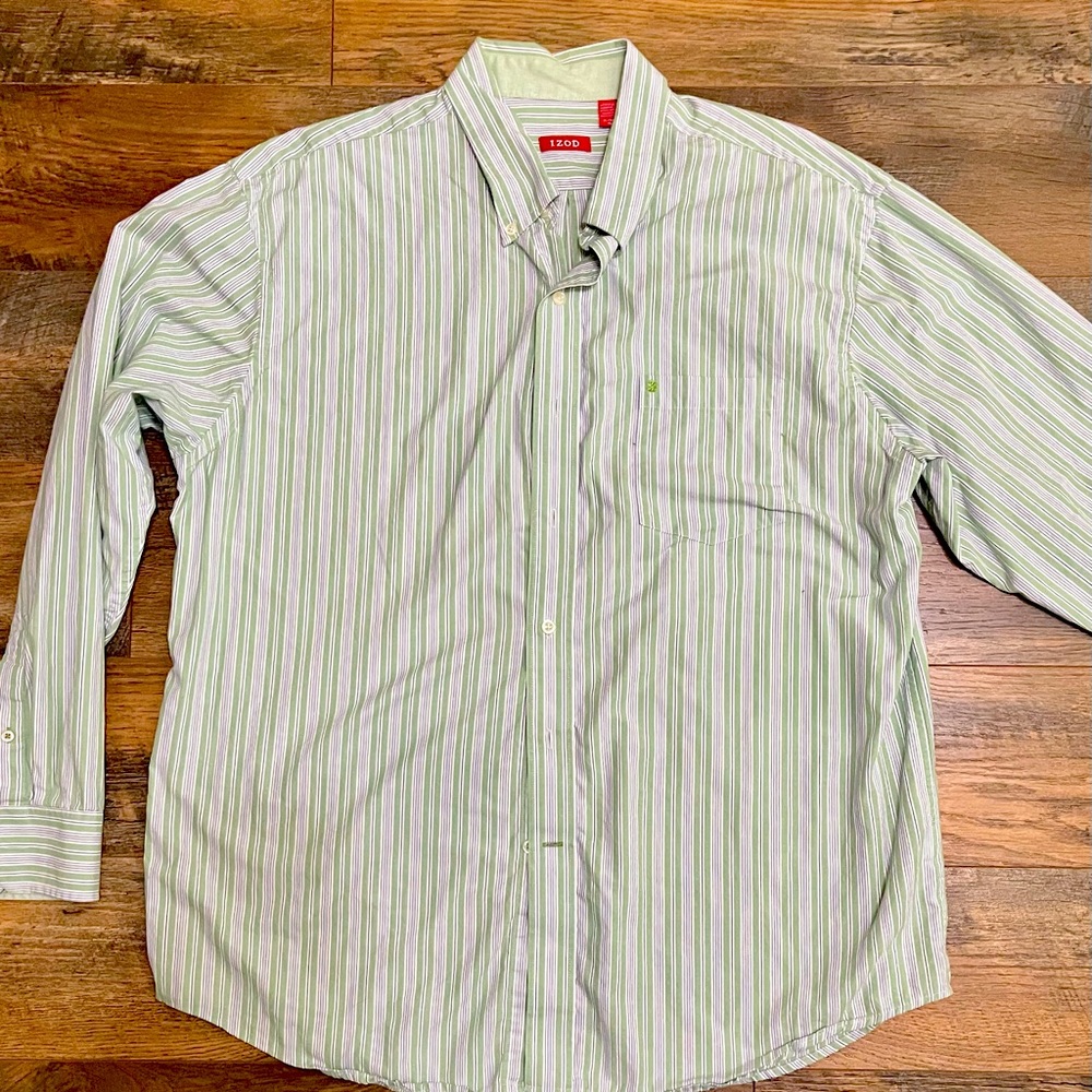 Izod - green/blue/white striped button up shirt